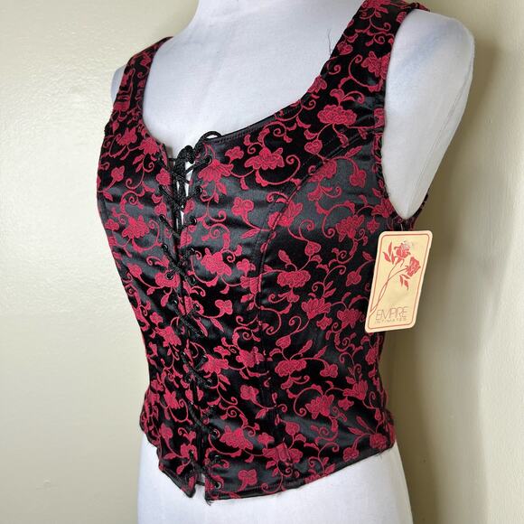 90s Empire Intimates Corset Top XL Red Brocade Black Floral Lace Up Lingerie New - Picture 6 of 8